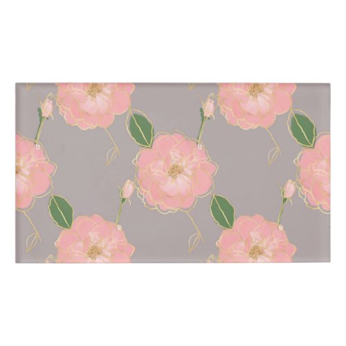 Elegant Pink  Gold Watercolor Roses Gray Design Name Tag