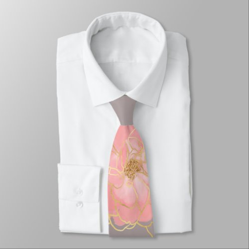 Elegant Pink  Gold Watercolor Roses Gray Design Neck Tie
