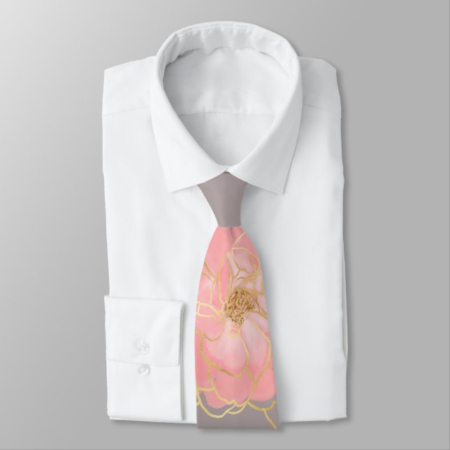 Elegant Pink & Gold Watercolor Roses Gray Design Neck Tie (Tied)