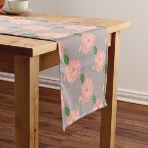 Elegant Pink  Gold Watercolor Roses Gray Design Short Table Runner