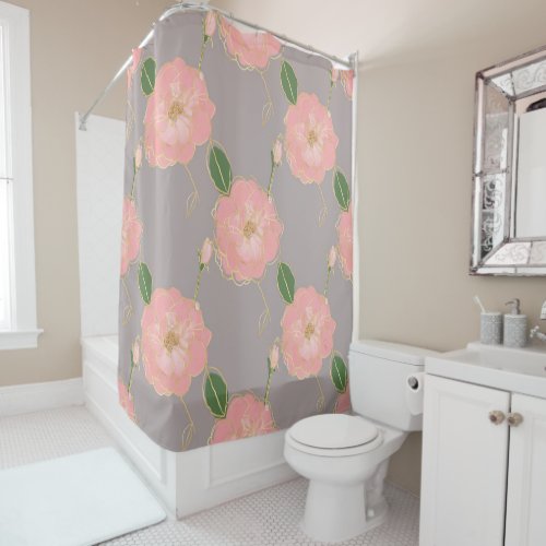 Elegant Pink  Gold Watercolor Roses Gray Design Shower Curtain