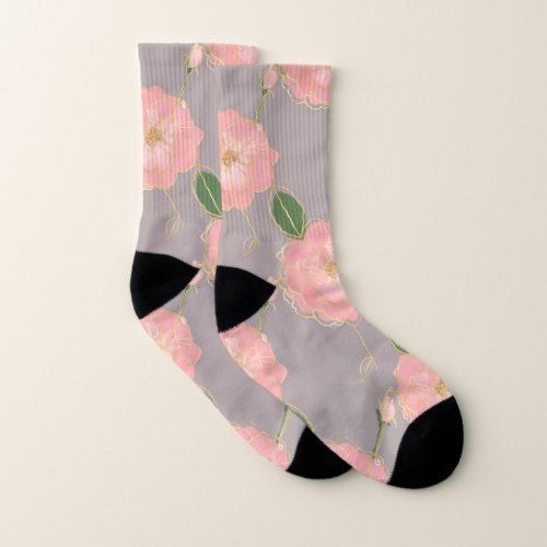 Elegant Pink  Gold Watercolor Roses Gray Design Socks