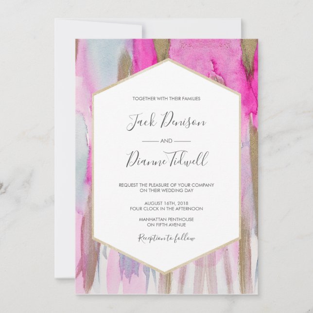 Elegant Pink & Gold Watercolor Wedding Invitation (Front)