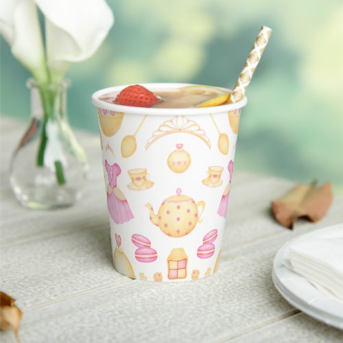 Elegant Pink  Gold Watercolour Princess Tea Party Paper Cups