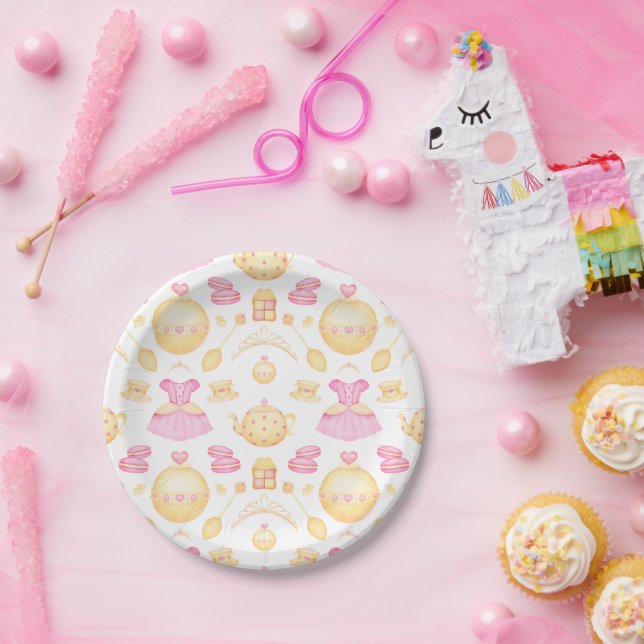 Elegant Pink & Gold Watercolour Princess Tea Party Paper Plates (Party)