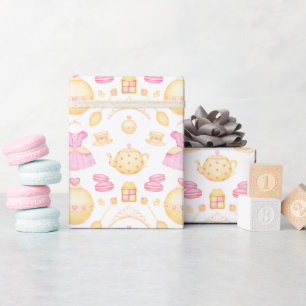 Elegant Pink & Gold Watercolour Princess Tea Party Wrapping Paper