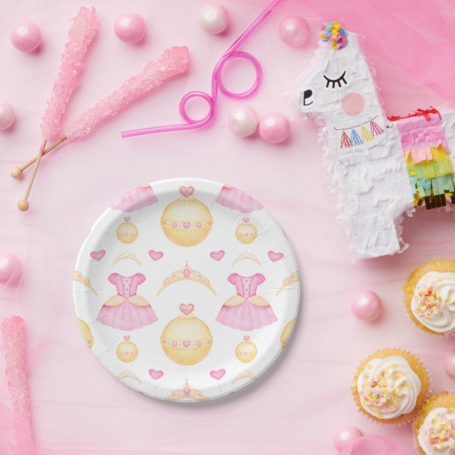 Elegant Pink & Gold Watercolour Princess Tiara Paper Plates (Party)