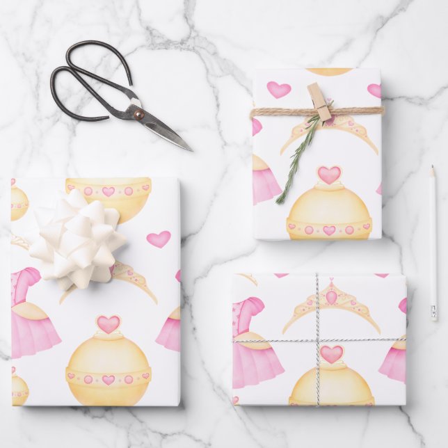 Elegant Pink & Gold Watercolour Princess Tiara Wrapping Paper Sheets (Front)