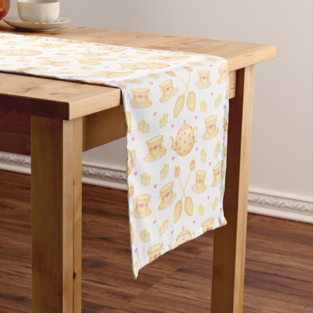 Elegant Pink & Gold Watercolour Tea Party Short Table Runner (In Situ)