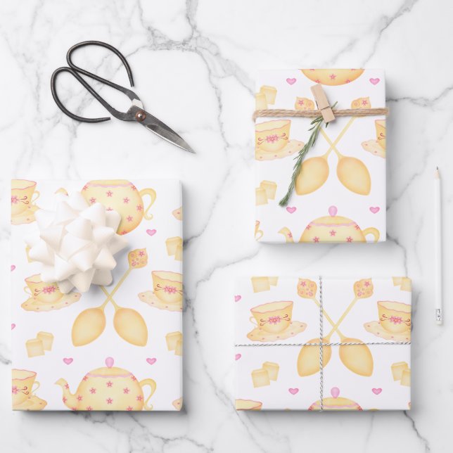 Elegant Pink & Gold Watercolour Tea Party Wrapping Paper Sheets (Front)