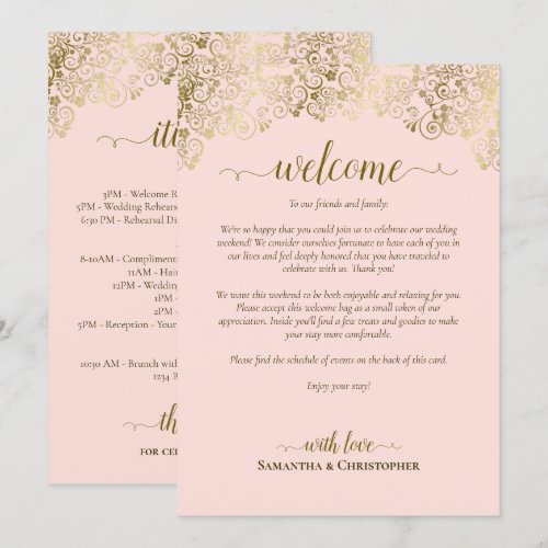 Elegant Pink & Gold Wedding Welcome & Itinerary Program
