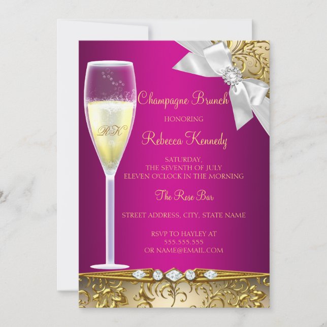Elegant Pink Gold White Champagne Brunch Invite (Front)
