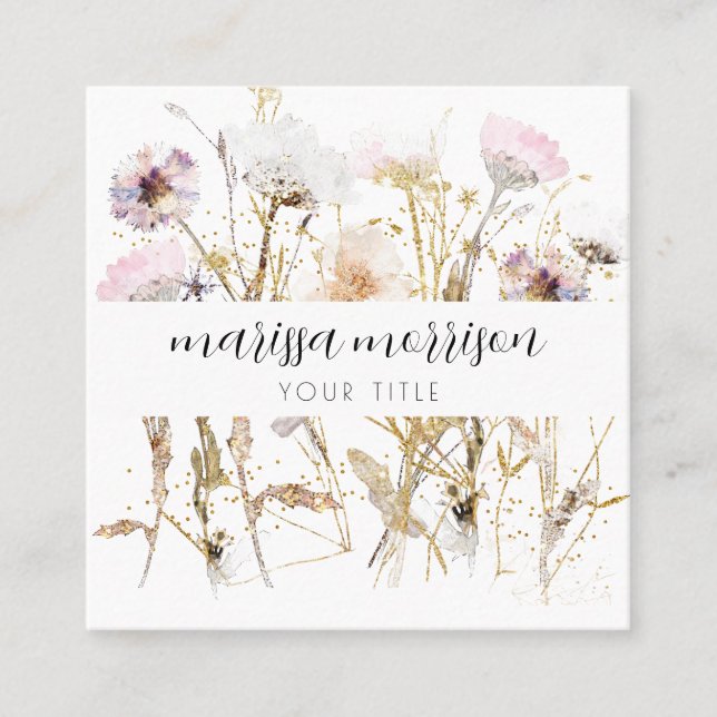 Elegant Pink Gold Wildflower Botanical Square Business Card (Front)
