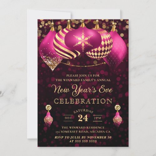 Elegant Pink  Gold Winter Baubles New Years Eve Invitation