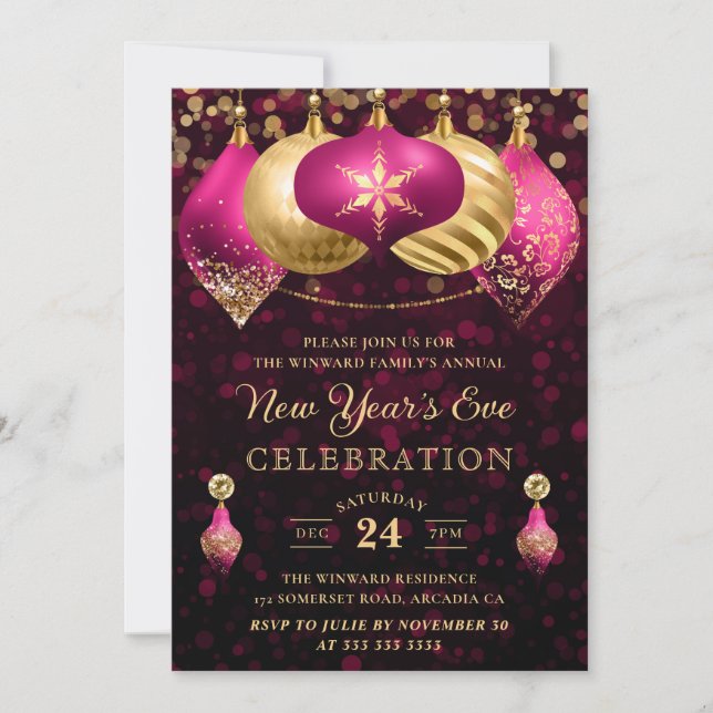 Elegant Pink & Gold Winter Baubles New Year's Eve Invitation (Front)