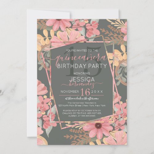 Elegant Pink Golden Sage Flowers Leaf Quinceaera Invitation
