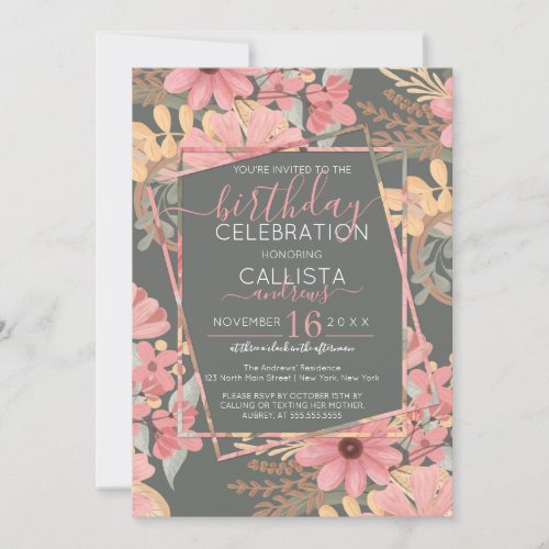 Elegant Pink Golden Sage Flowers Leaves Birthday Invitation