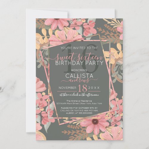 Elegant Pink Golden Sage Flowers Leaves Sweet 16 Invitation