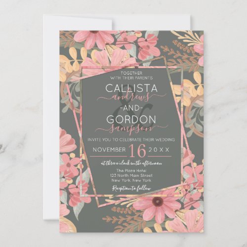 Elegant Pink Golden Sage Flowers Leaves Wedding Invitation
