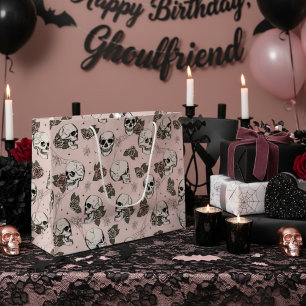 Elegant Pink Gothic Skulls and Roses Halloween Large Gift Bag