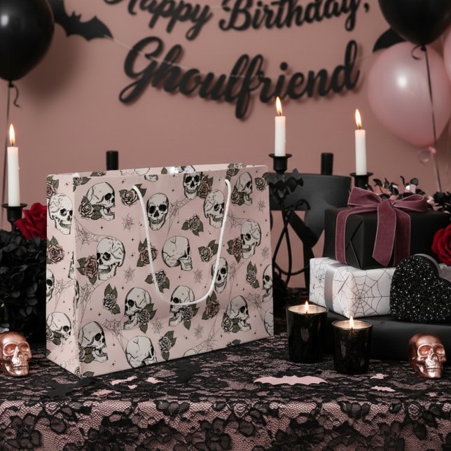 Elegant Pink Gothic Skulls and Roses Halloween Large Gift Bag (Elegant Skull and Roses Gothic Halloween Gift Bags for Her. Gothic Chic Style. Floral Skulls Pattern)