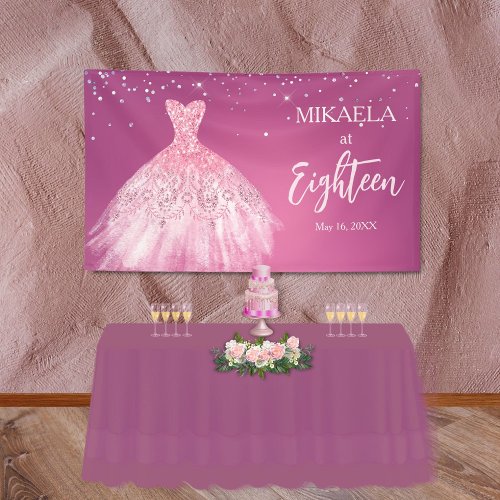 Elegant Pink Gown Glitter 18th Birthday Banner
