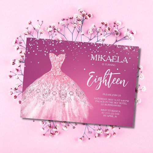 Elegant Pink Gown Glitter 18th Birthday Invitation