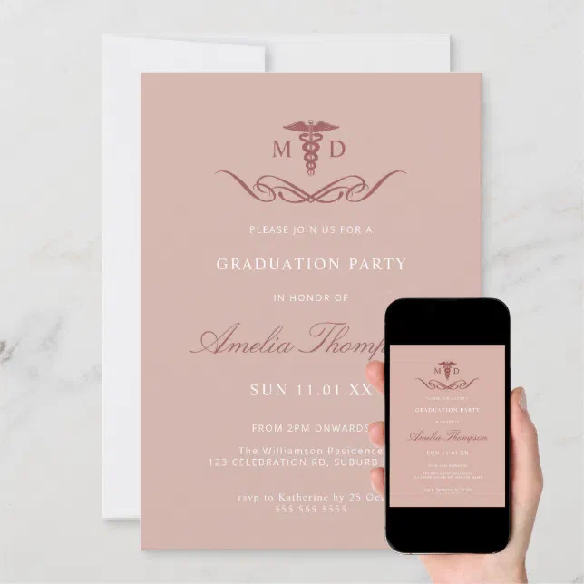 Elegant Pink Grad Party Medical Doctor Graduation Invitation Zazzle