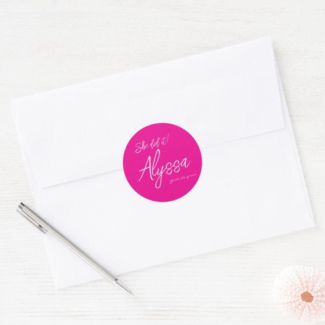 Elegant Pink Graduation Party She Did It Classic Round Sticker (Envelope)