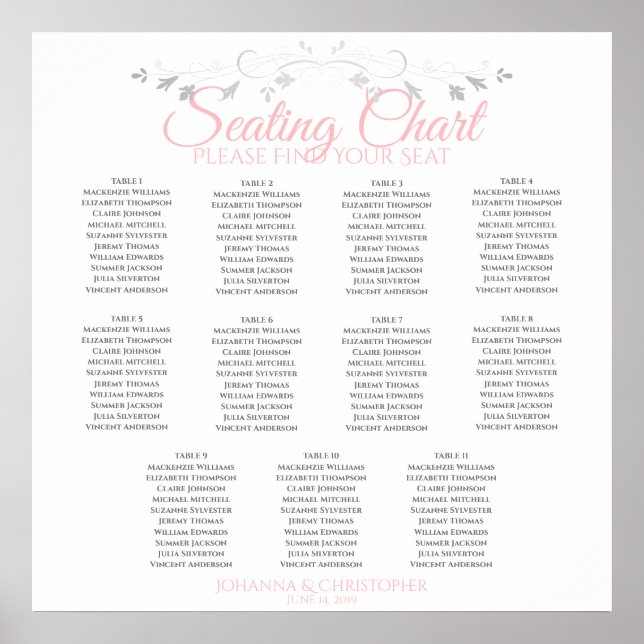 Elegant Pink & Gray 11 Table Wedding Seating Chart (Front)