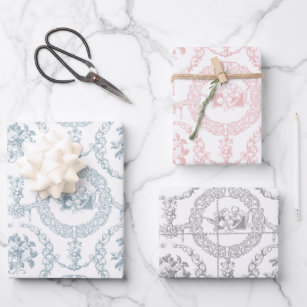 Elegant Pink, Gray & Blue on White Engraved Floral Wrapping Paper Sheets