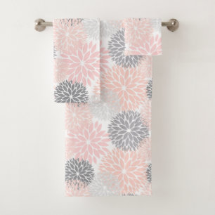Elegant Pink Gray Dahlia Floral Bath Towel Set