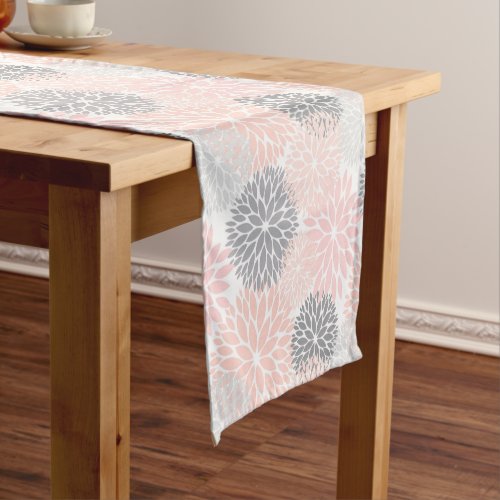 Elegant Pink Gray Dahlia Floral Short Table Runner