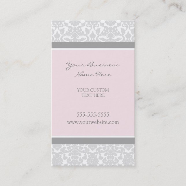 Elegant Pink Gray Damask Business Cards (Front)
