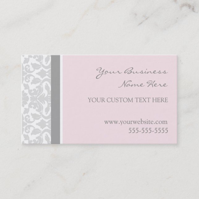 Elegant Pink Gray Damask Business Cards (Front)
