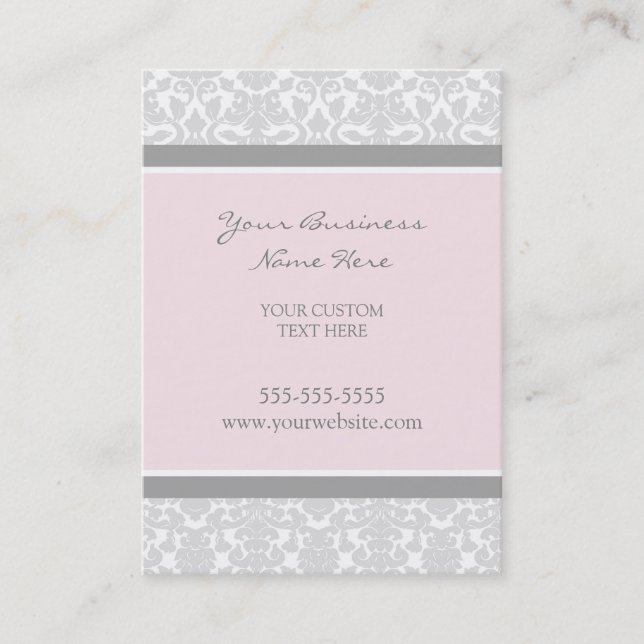 Elegant Pink Gray Damask Business Cards (Front)