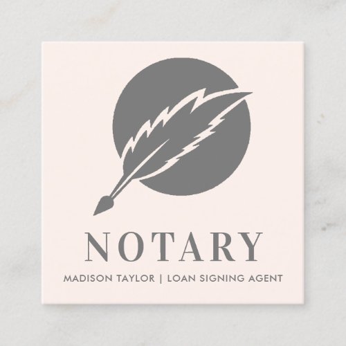 Elegant Pink Gray Feather Quill Nib Public Notary Square Business Card