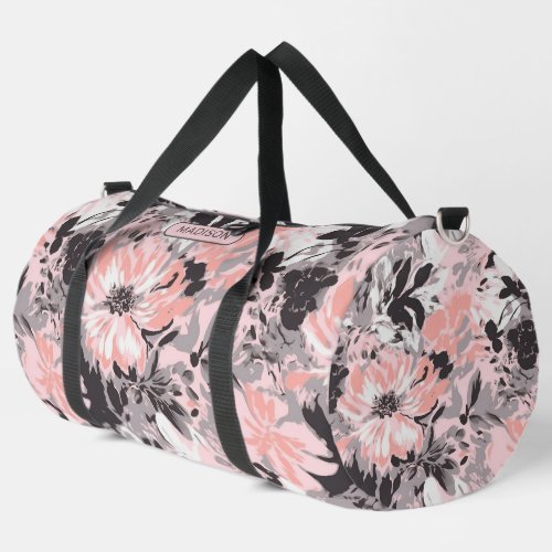 Elegant Pink Gray Floral Pattern Personalized Name Duffle Bag