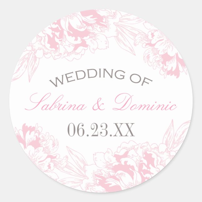 Elegant Pink Gray Floral Peony Monogram Classic Round Sticker (Front)