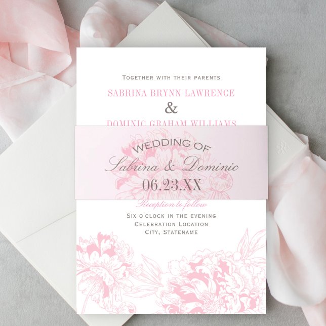 Elegant Pink Gray Floral Peony Wedding Monogram Invitation Belly Band (Creator Uploaded)