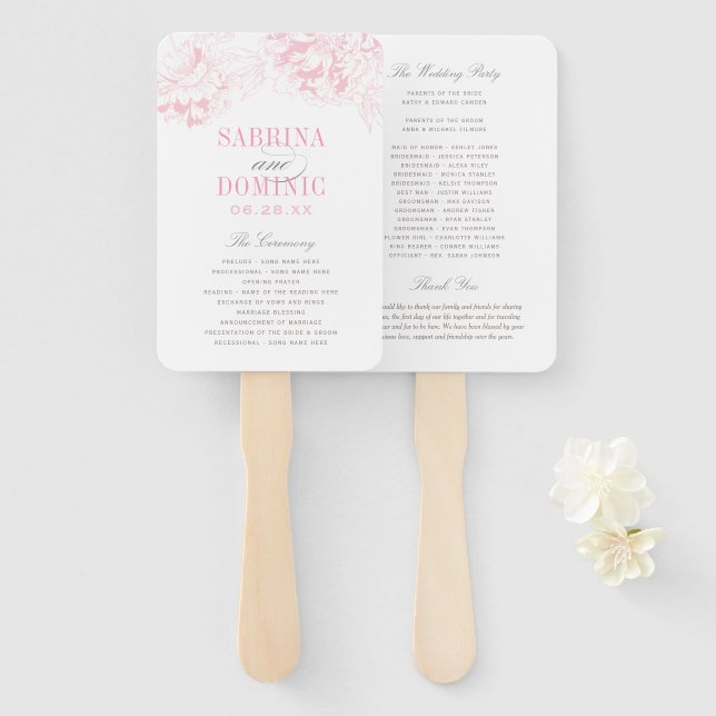 Elegant Pink Gray Floral Peony Wedding Program Hand Fan (Front and Back)