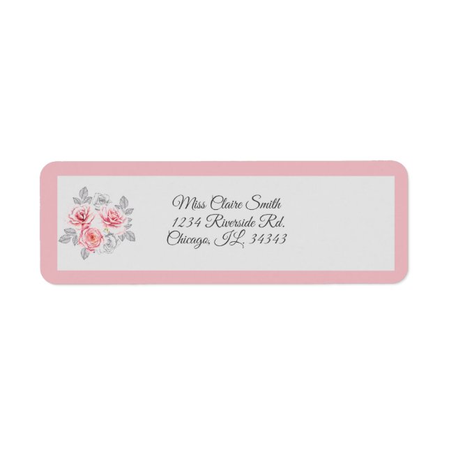 Elegant Pink Gray Floral Script Wedding Address Label (Front)