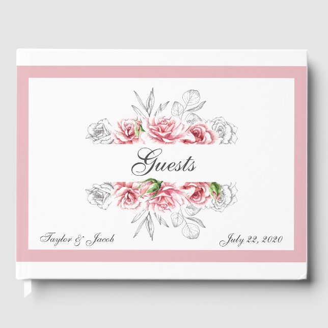 Elegant Pink Gray Floral Script Wedding Guest Book (Front)