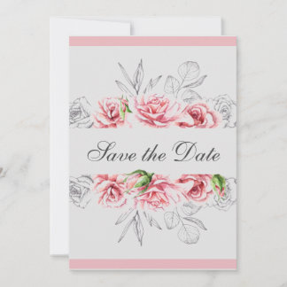 Elegant Pink Gray Floral Script Wedding Save The Date
