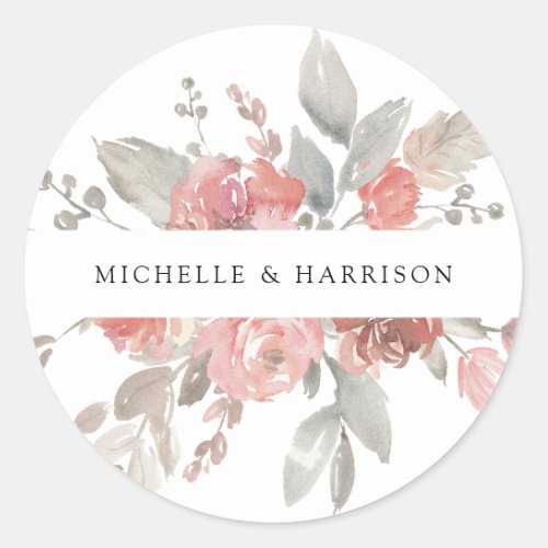 Elegant Pink Gray Floral Watercolor Classic Round Sticker