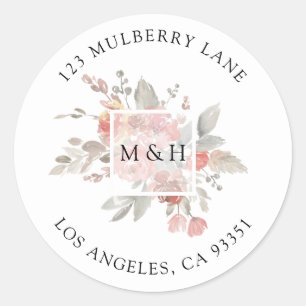 Elegant Pink Gray Floral Watercolor Return Address Classic Round Sticker