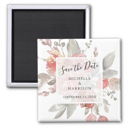 Elegant Pink Gray Floral Watercolor Save the Date Magnet