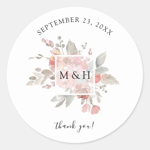 Elegant Pink Gray Floral Watercolor Thank You Classic Round Sticker