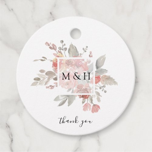 Elegant Pink Gray Floral Watercolor Thank You Favor Tags