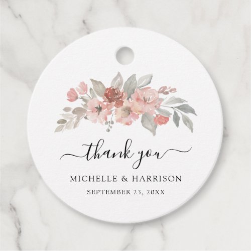 Elegant Pink Gray Floral Watercolor Thank You Favor Tags